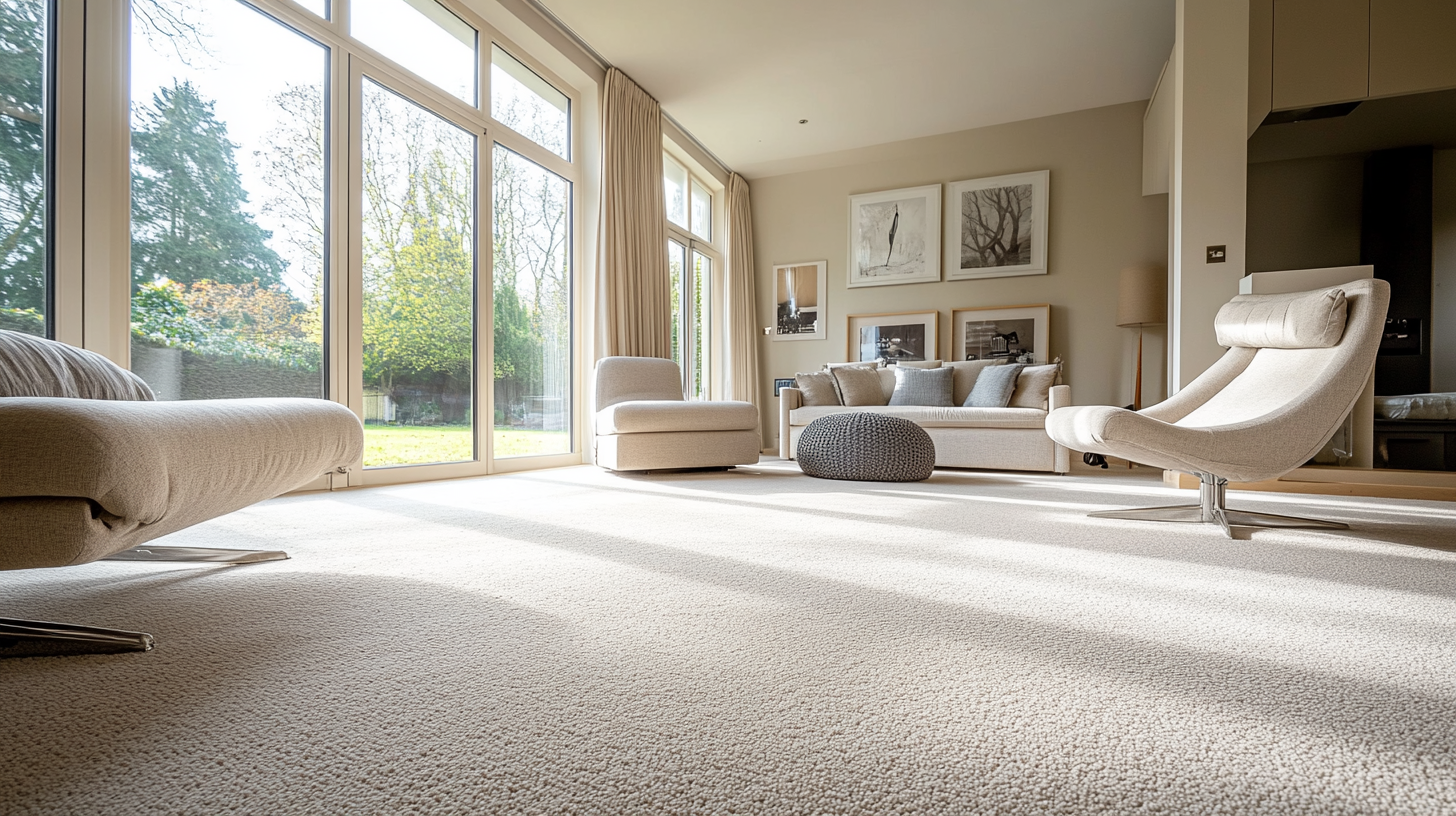 Bright airy living room with plush twist pile neutral carpet, South Wales home