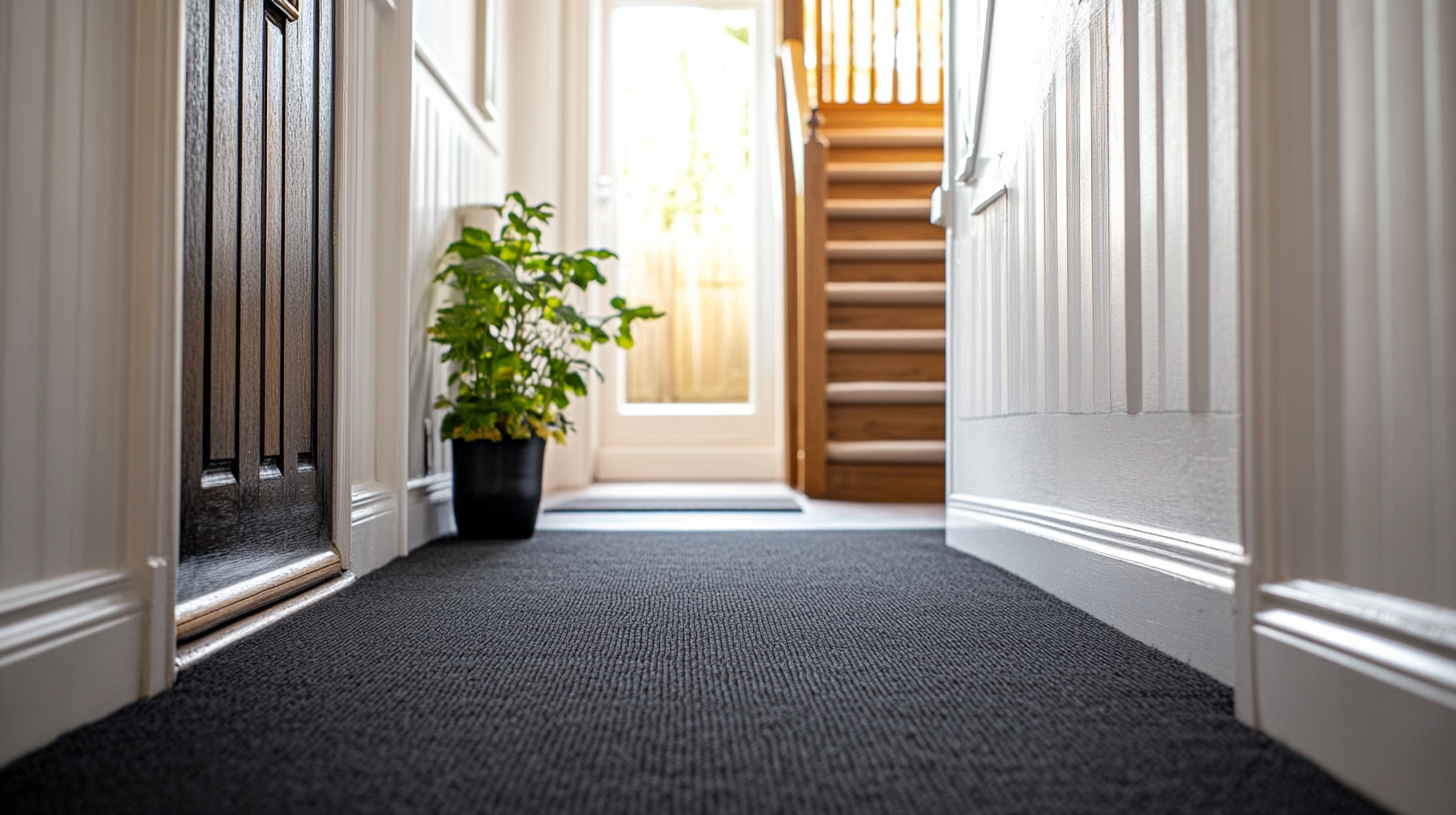 Narrow British hallway with hardwearing dark charcoal carpet runner